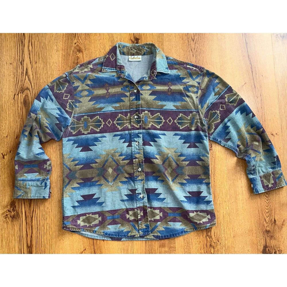 Vintage 80s/90s Cabelas for‎ Women Aztec Flannel Button Down Shirt Bohemian